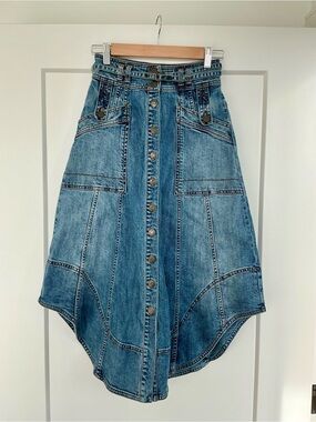 Ulla Johnson Arden Belted Denim Midi Skirt Button Front Medium Wash Size XS/00